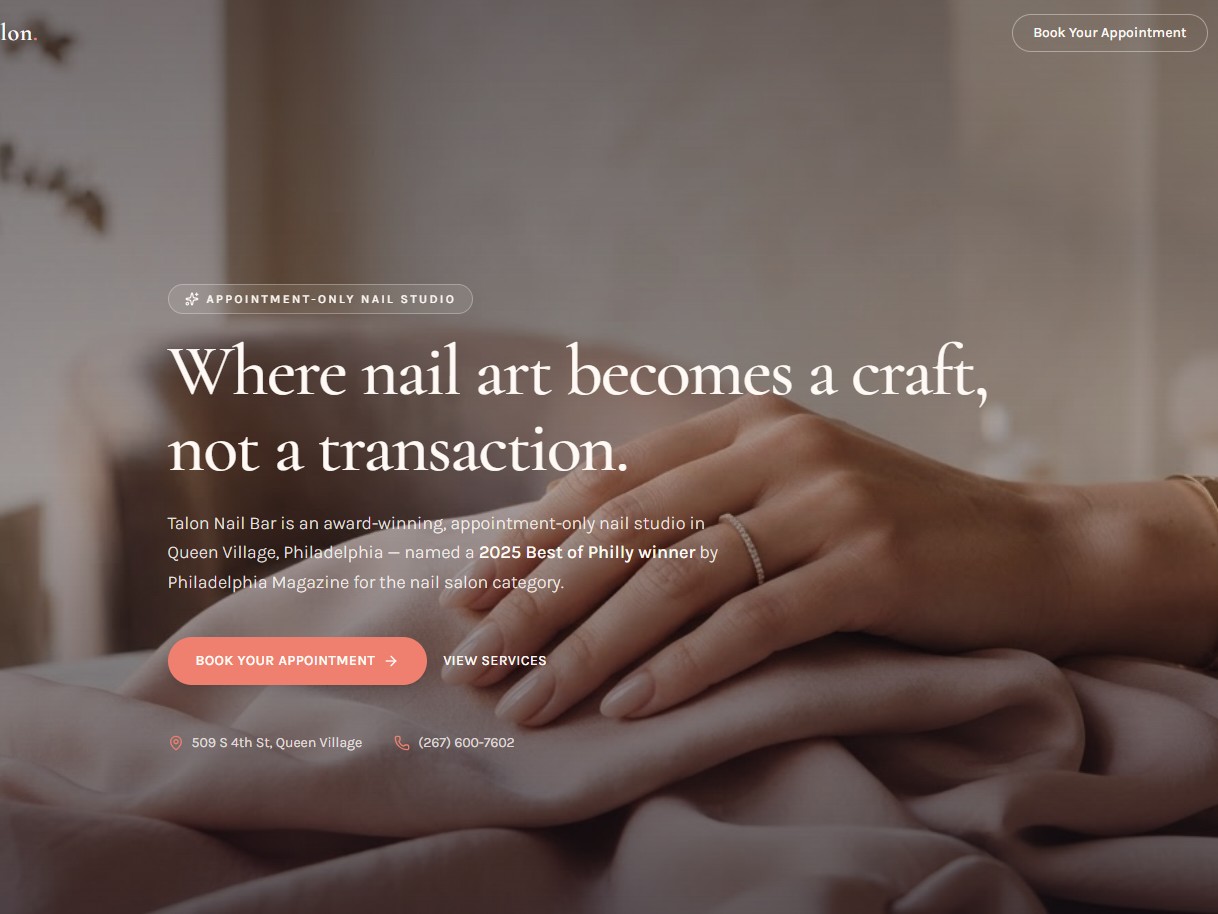 Talon Nail Bar website hero section